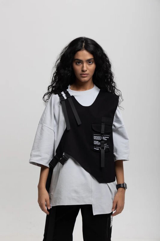 The finished 404wear vest worn in the physical collection shoot
