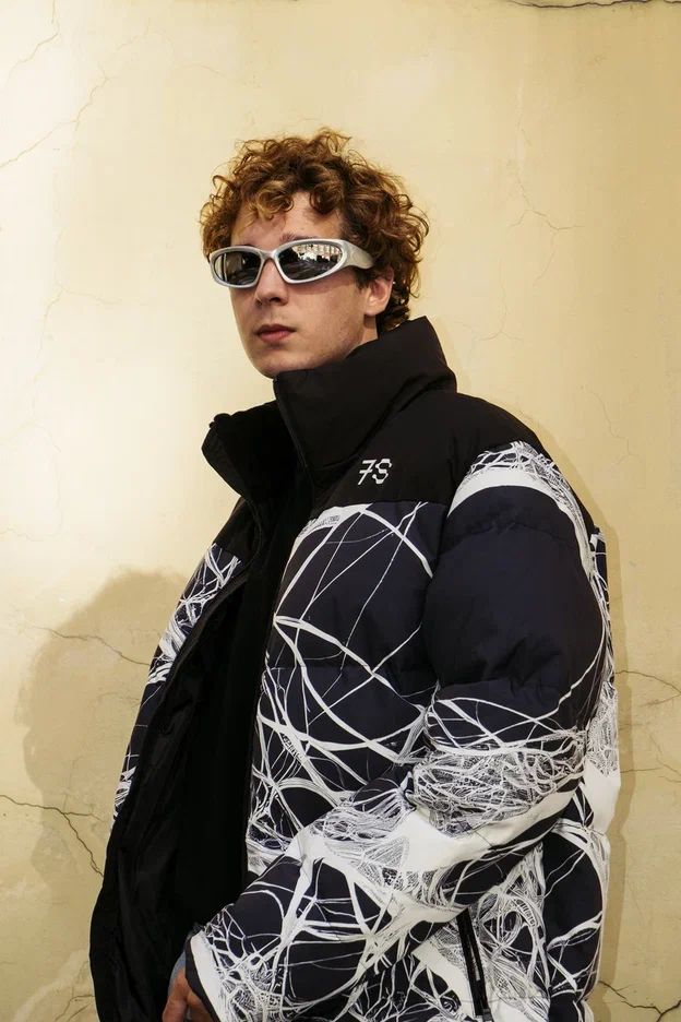 A monochrome branching motif on the finished jacket.