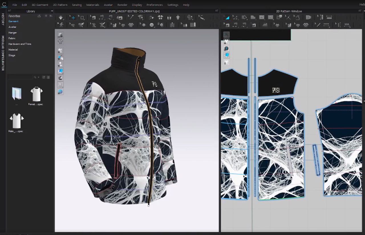 YOUTH jacket in CLO: 3D garment and printed pattern pieces