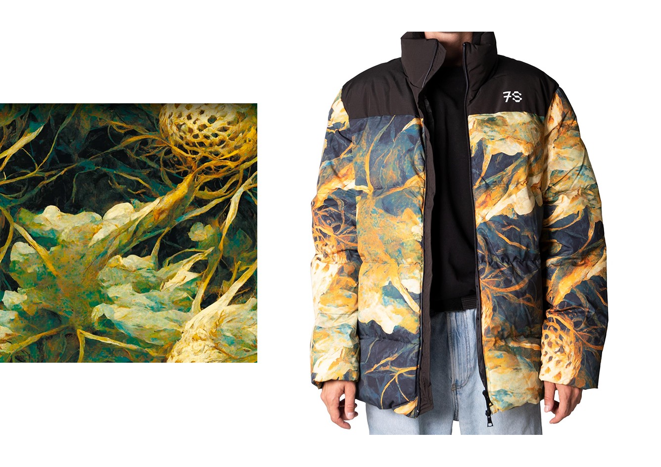 A generative print beside the matching jacket
